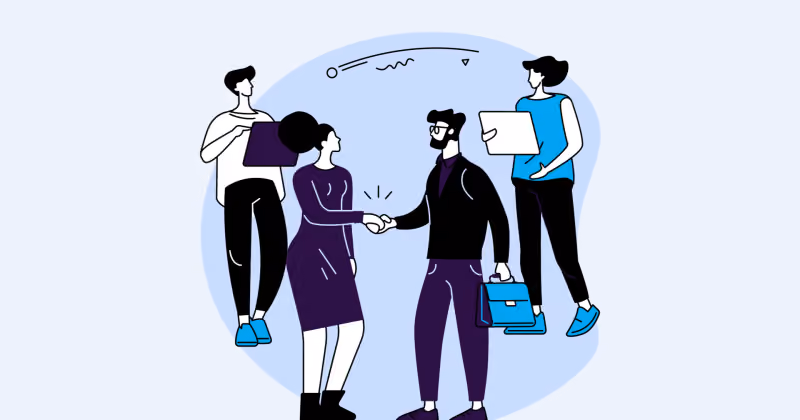 Ilustração de quatro pessoas em pé, duas apertando as mãos ao centro, enquanto as outras seguram notebook e documentos