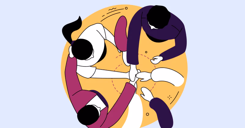 Ilustração em vista superior de quatro colegas de mãos unidas no centro de uma mesa, sobre um círculo laranja