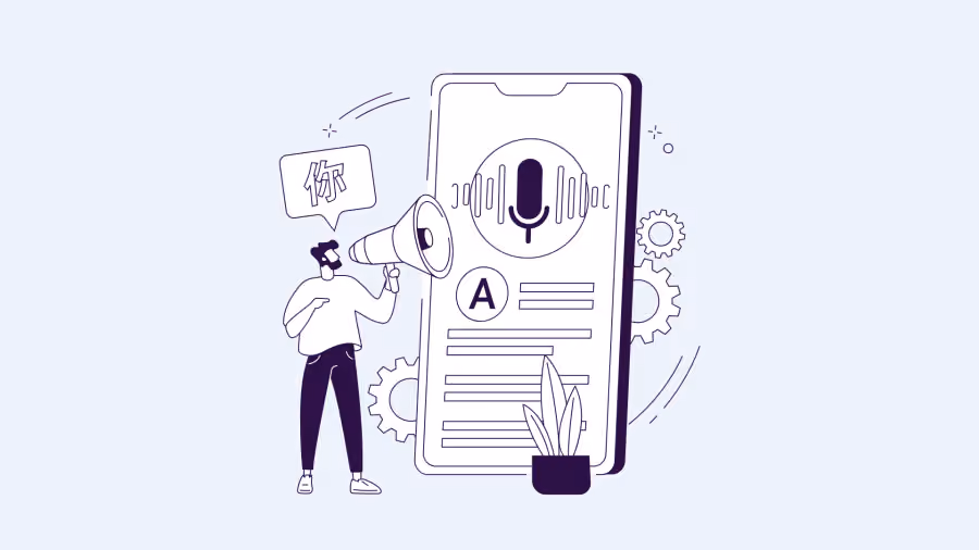 Ilustração de pessoa com megafone diante de um celular gigante que exibe ícone de microfone e linhas de texto, entre engrenagens