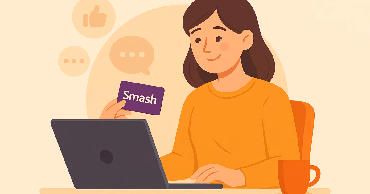 Ilustração de mulher ao notebook segurando um gift card roxo com a marca Smash, ao lado de ícones de curtida e comentário
