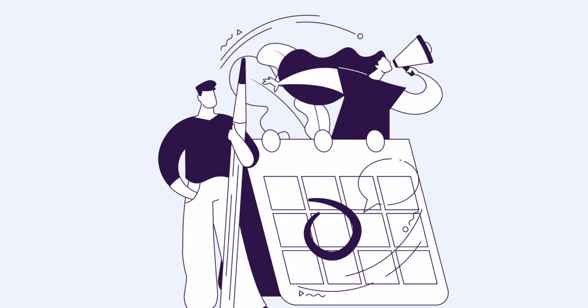 Ilustração roxa de homem com um lápis gigante ao lado de calendário de parede com uma data circulada e alguém soprando corneta