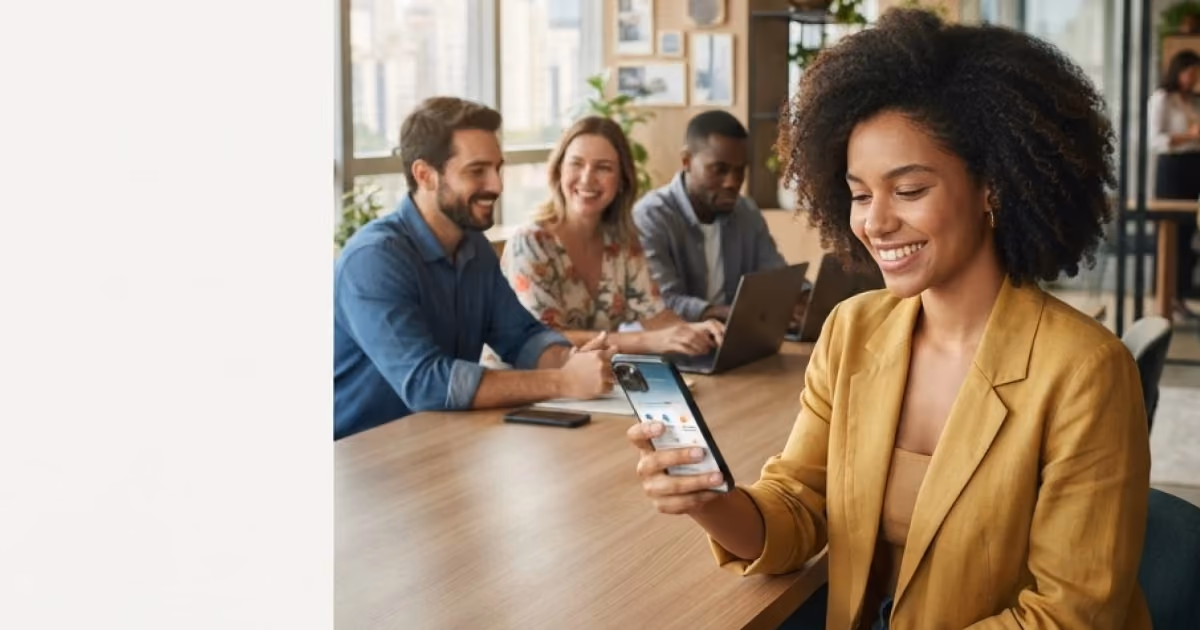 Foto de mulher de blazer amarelo sorrindo ao olhar o celular, com três colegas conversando ao fundo em uma mesa de escritório