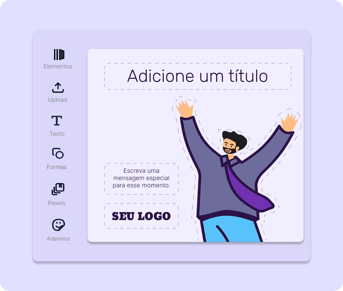 Editor do design studio com o campo de título, a área de mensagem, o espaço para o logo da empresa e a barra de ferramentas lateral