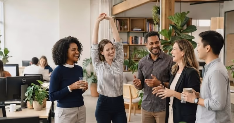 Foto de cinco colegas conversando e rindo em escritório com plantas, uma delas com os braços erguidos em alongamento