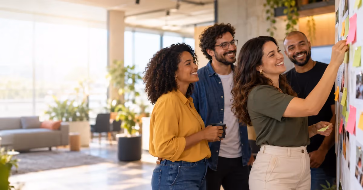 Quatro colegas sorrindo em um escritório claro, com uma delas colando um post-it amarelo em um painel coberto de recados e fotos