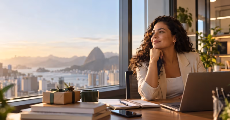 Foto de mulher sorrindo com a mão no queixo, sentada a uma mesa de escritório com notebook e caixa de presente, diante de janela com vista para o Pão de Açúcar