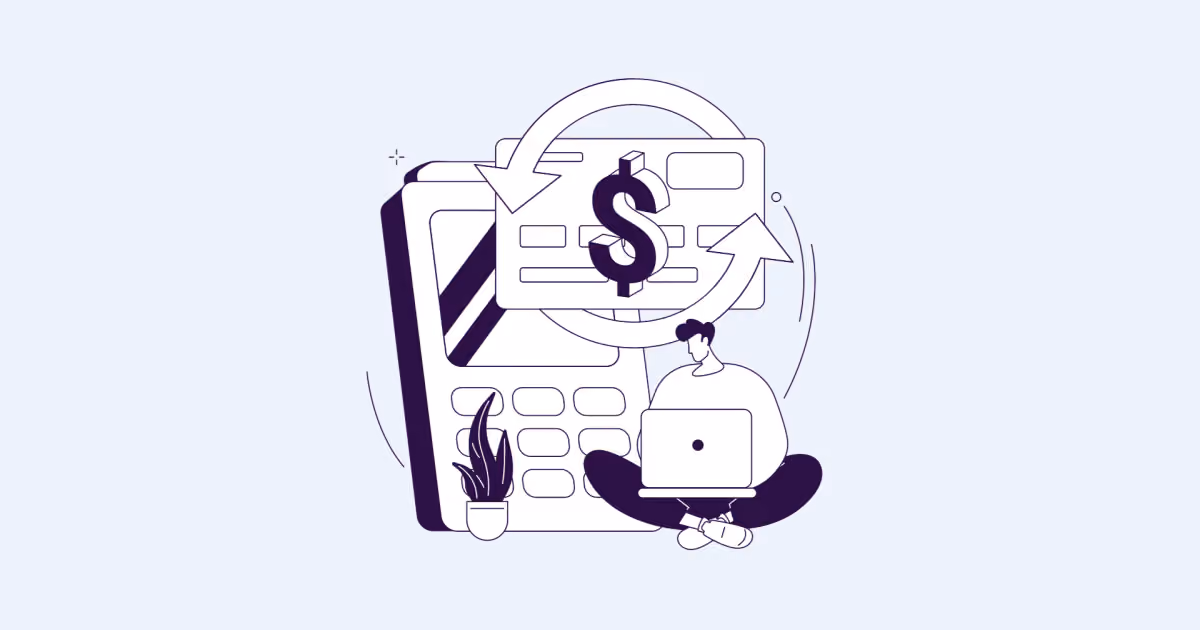 Ilustração de calculadora gigante com símbolo de dinheiro em setas circulares e pessoa pequena usando notebook