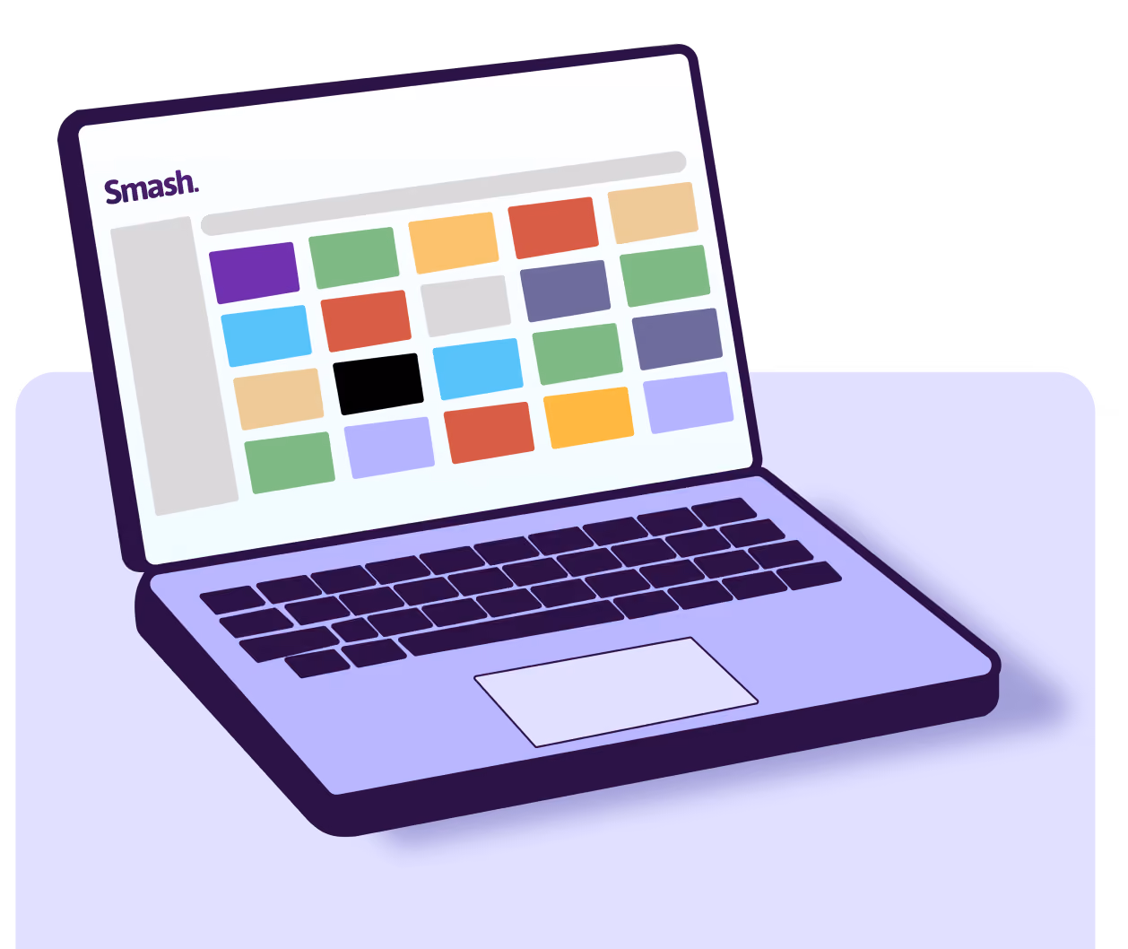 Ilustração de um notebook aberto com a plataforma da Smash na tela, mostrando a grade de marcas parceiras
