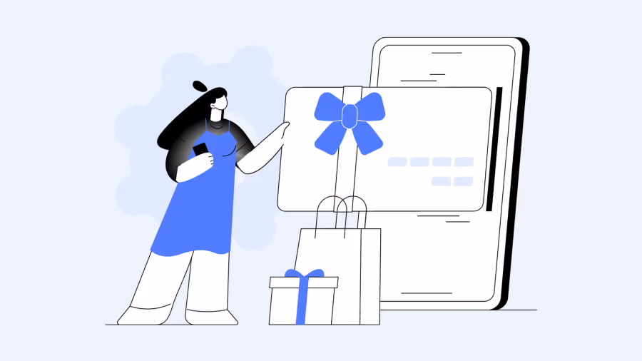 Ilustração de mulher tocando um cartão com laço azul na tela de um celular gigante, ao lado de sacolas e caixa de presente